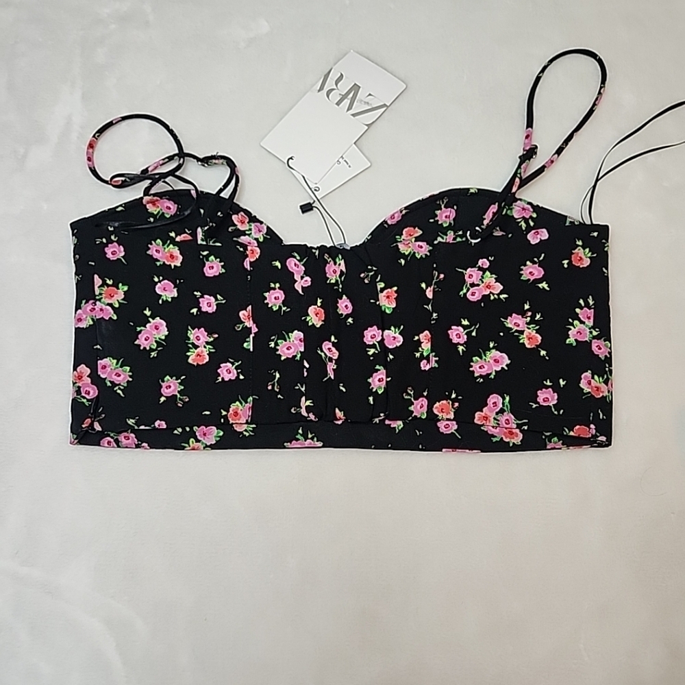 ZARA Floral Bustier Corset Crop Top Black Pink Size Small - Picture 7 of 9